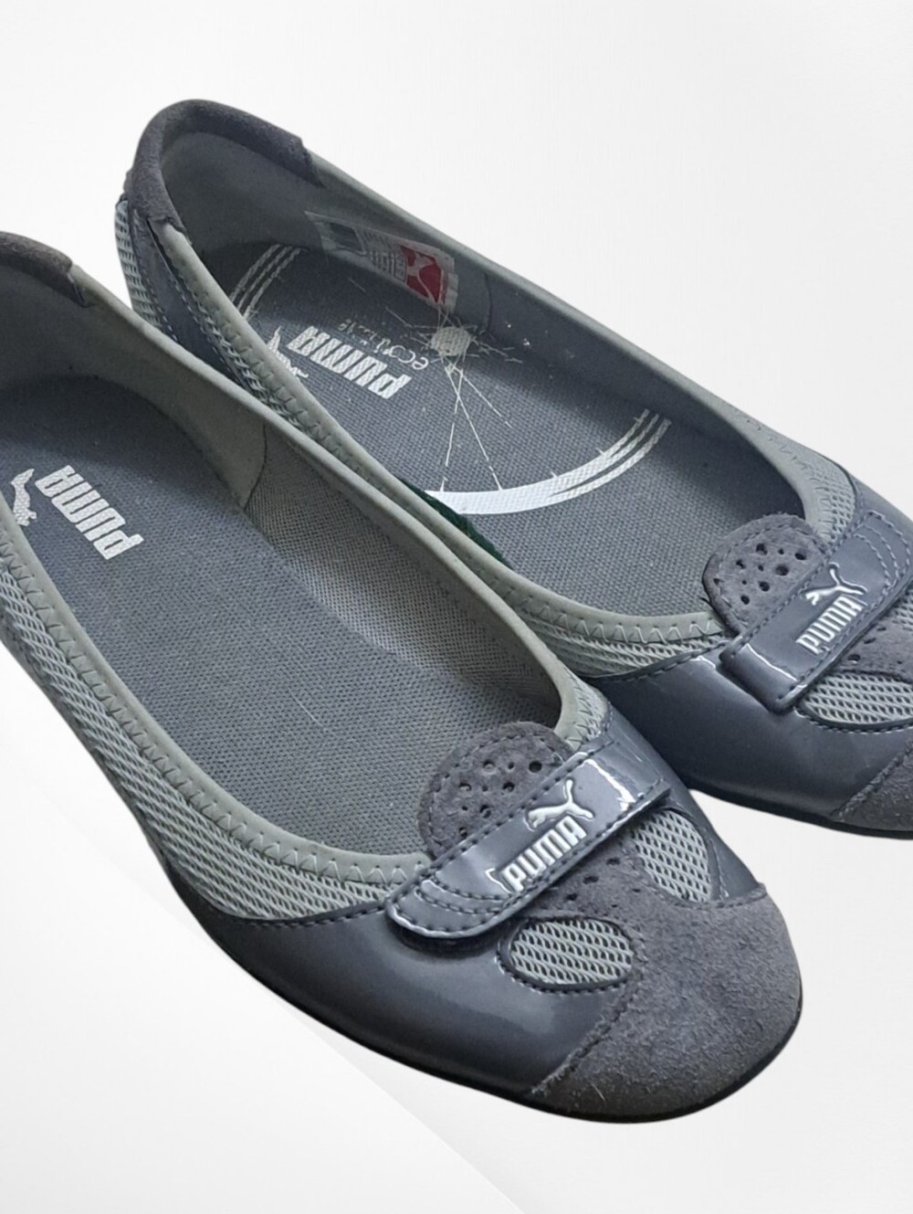 Vintage Puma Zandy Patent Ballet Flats Grey Suede Mesh Y2K Balletcore